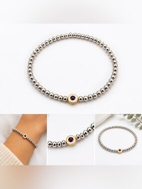 🧿💛Silver Beaded Bracelet with Yellow Evil Eye Accent #73